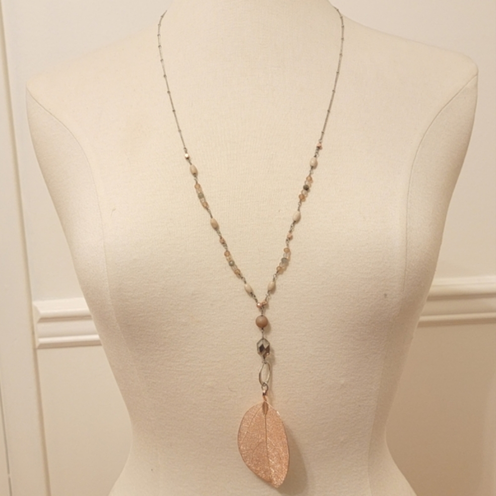 🔴 J. JILL Semi-Precious Copper Leaf Pendant Quartz Bead Long Silver Tone